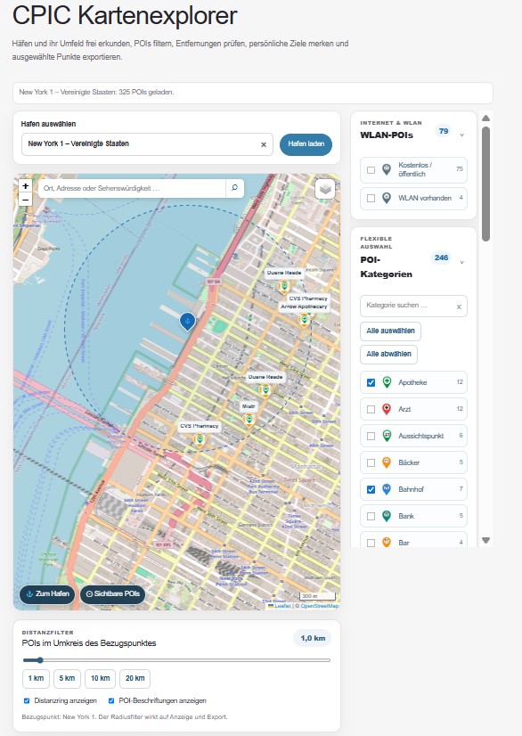 Screenshot des CPIC Kartenexplorers mit großer Karte, Radius und POI-Auswahl