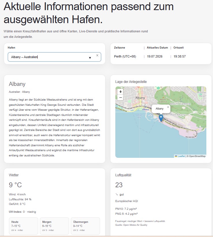 Screenshot der CPIC Live Services mit Hafenwahl, Wetter, Luftqualität und Karte