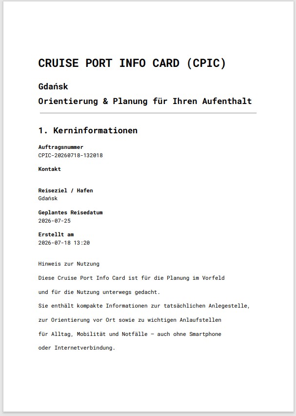 Titelseite einer persönlichen Cruise Port Info Card als PDF